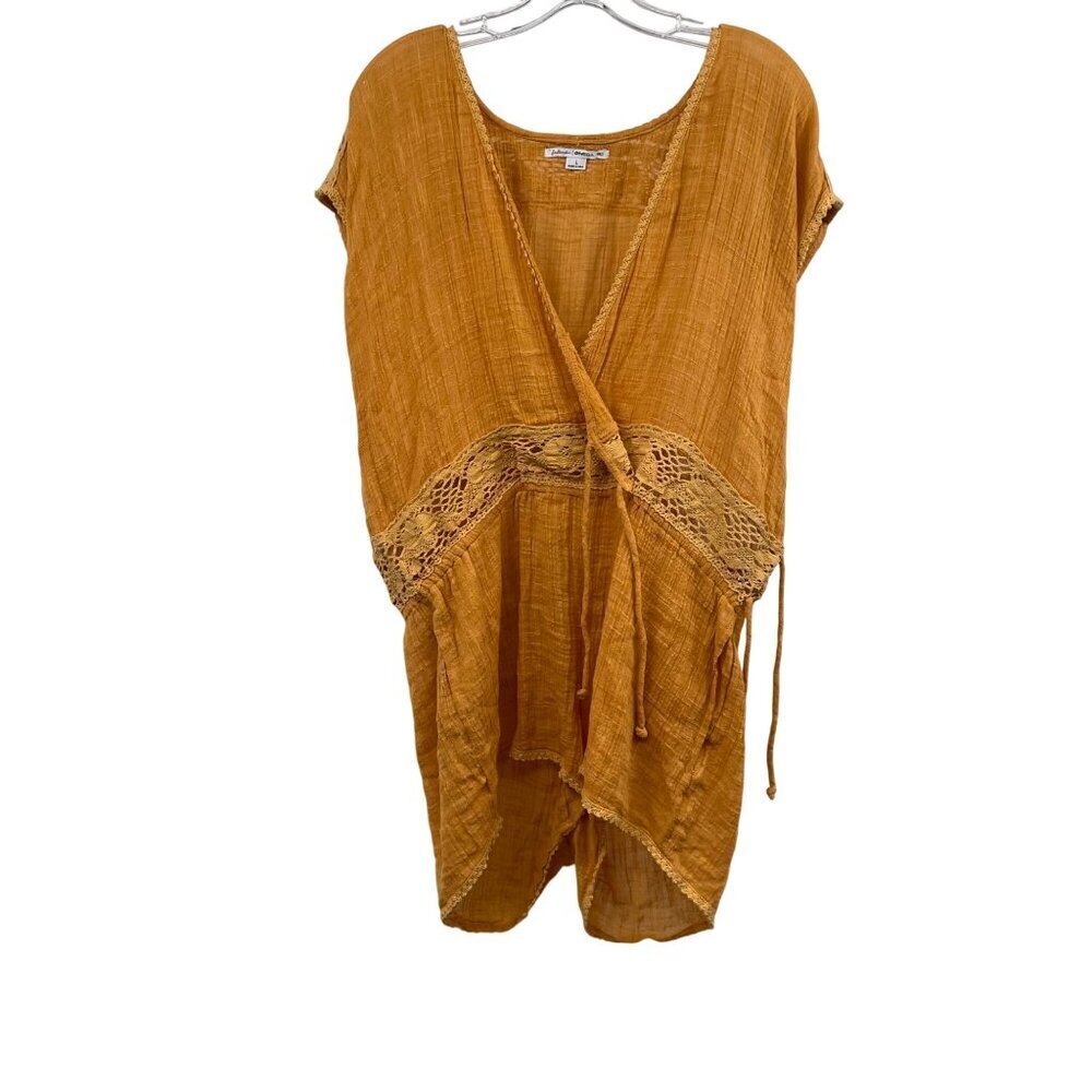 O'Neill Saltwater Womens Romper Surplice Cap Sleeve Crochet Trim Mustard Large